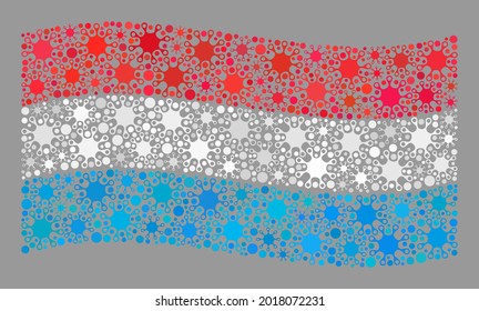 Waving mosaic Luxembourg flag created of virus items. Luxembourg flag collage is designed of scattered infection pictograms.