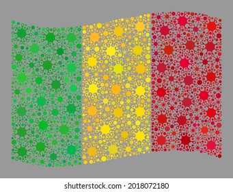 Waving mosaic Mali flag created of Covid-2019 icons. Mali flag collage is done with random viral items. Vector covid-2019 mosaic waving Mali flag done for inoculation posters.