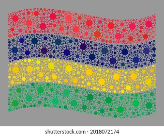 Waving mosaic Mauritius flag designed of Covid-2019 elements. Mauritius flag collage is shaped with randomized covid pictograms.