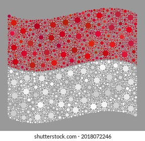 Waving mosaic Monaco flag designed of covid icons. Monaco flag collage is composed with random viral icons. Vector covid mosaic waving Monaco flag designed for health care projects.