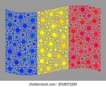 Bandera de Rumania de mosaico ondulado construida con elementos Covid-2019. El collage de la bandera de Rumania se organiza con pictogramas covidos al azar.