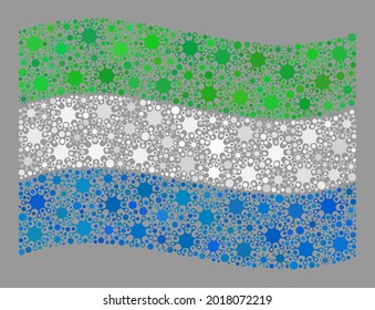 Waving mosaic Sierra Leone flag constructed with Covid-2019 items. Sierra Leone flag collage is organized of randomized pathogen items.