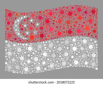 Waving mosaic Singapore flag designed of covid elements. Singapore flag collage is organized with random infection elements.