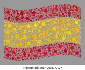 Waving mosaic Spain flag designed with virus icons. Spain flag collage is designed with scattered infection icons. Vector covid-2019 collage waving Spain flag designed for inoculation posters.