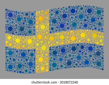 Waving mosaic Sweden flag designed with bacterium items. Sweden flag collage is created of scattered covid items. Vector covid collage waving Sweden flag created for inoculation illustrations.