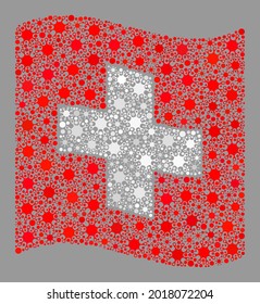 Waving Mosaik Schweizer Flagge mit Bakteriensymbole. Die Schweizer Fahnenkollage wurde mit verstreuten Bacilla-Symbolen entworfen. Vektorcoronavirus-Mosaik schwingende Schweizer Flagge organisiert für Sperrwerbung.