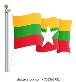Waving Myanmar Flag Isolated On A White Background. Vector Illustration. Official Colors And Proportion. Independence Day