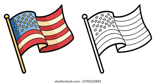 Waving National America Flag, USA Flag Coloring Book For Kids Printable Outline Vector