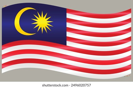 Waving National Flag of Malaysia. Malaysian flag Swinging. Asian Country. Malaysia flags isolated on grey background. Editable vector EPS available