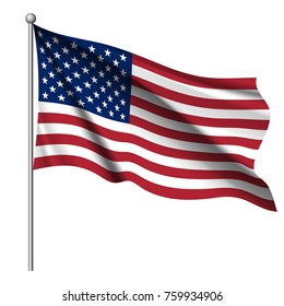 Waving national flag of United States of America isolated on white background. Official colors and proportion of flag of USA. Vector illustration. The color and size of the original.