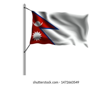 Waving Nepal flag on flagpole on isolated background, flag of Nepal, vector illustration