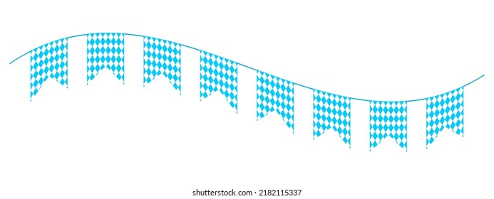 Waving Oktoberfest Bunting In Bavarian Flag Colors. Garland For Traditional German Beer Fest With Blue And White Rhombus. Decoration For Party, Invitation Card, Poster. Vector Flat Illustration.