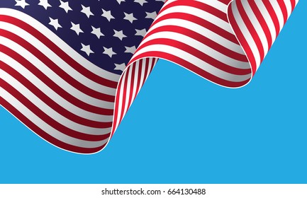 Waving on the wind American flag. Vector illustration. Fourth of the July holiday. Independence day.