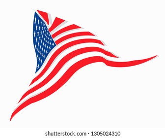 waving on the wind triangular shape american flag with shadow, isolated on white background
