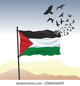 ondeando la bandera de Palestina con la mosca de la libertad de pájaro, bandera de Palestina para el día de la independencia.