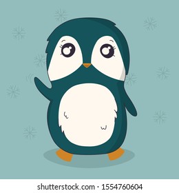 Waving penguin on snowflake background. Vector in cartoon style