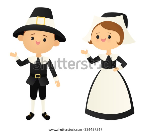 Waving Pilgrim Couple Stock Vector (royalty Free) 336489269 