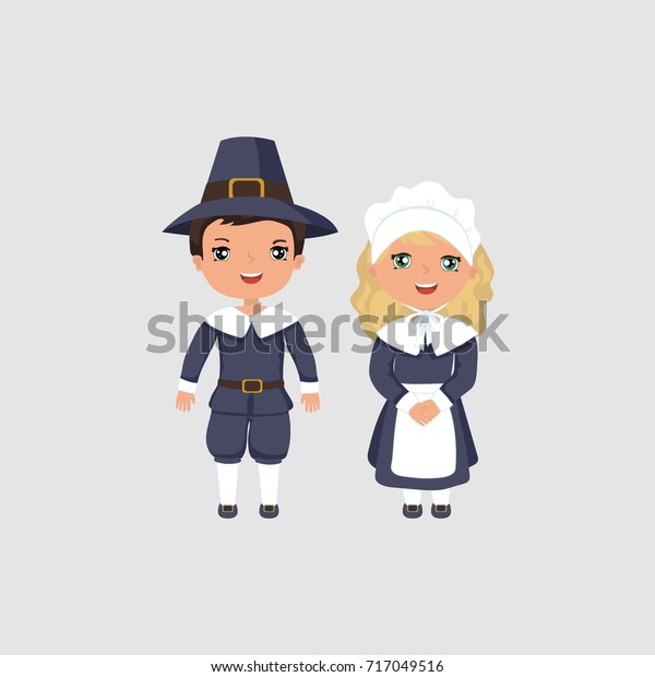 Waving Pilgrim Couple Girl Boy Traditional Stock Vector (Royalty Free ...