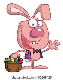Waving Pink Bunny With Easter Eggs And Basket