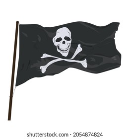 Waving pirate flag with smiling skull and crossbones icon.  Vector illustration