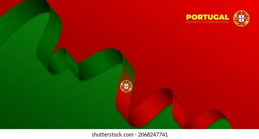 Waving Portugal ribbon flag with Red and green background. Portugal restoration independence day template design. Good template for Portugal Independence Day design.