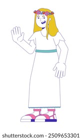 Waving pre-adolescente chica caucásica en vestido blanco personaje de dibujos animados 2D. Un niño que actúa. Vector plano de la persona aislada de la muchacha del teatro de la corona de la cabeza floral en el fondo blanco. Ilustración de punto colorido