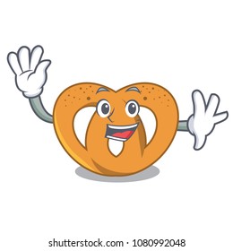Waving pretzel character cartoon style