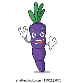 Waving purple carrot in a cartoon basket