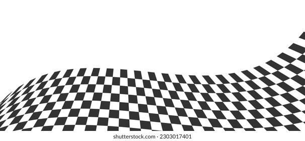 Waving race flag or checcboard background. Warped black and white squares pattern. Motocross, rally, sport car competition wallpaper with copyspace. Checkered winding texture. Vector flat illustration