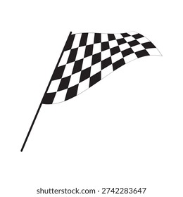 Waving race flag with checkered black and white pattern. Start or finish signal on sport car competition. Rally or motocross props. Victory, trophy or success sign. Vector graphic illustration.