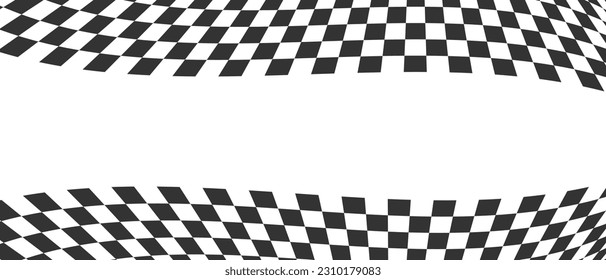 Waving race flag or chessboard background. Warped black and white squares pattern. Motocross, rally, sport car competition wallpaper with space for text. Checkered winding texture. Vector illustration