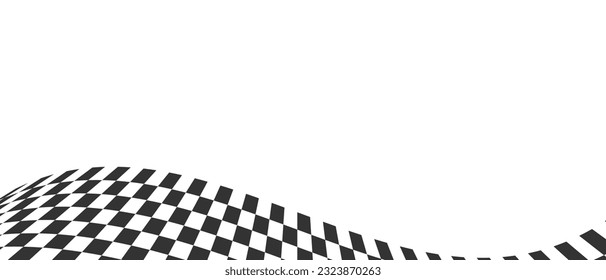 Waving race flag or chessboard horizontal background. Motocross, rally, sport car or chess competition banner. Checkered winding texture. Warped black and white squares pattern. Vector illustration