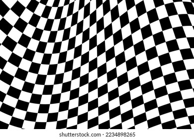 Waving race flag texture. Motocross, rally, sport car competition wallpaper. Warped black and white squares pattern. Checkered curved background. Distorted chessboard layout. Vector flat illustration