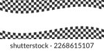 Waving race flags background. Chess game, motocross or rally sport car competition banner with space for text. Warped black and white squares pattern. Checkered winding texture. Vector illustration