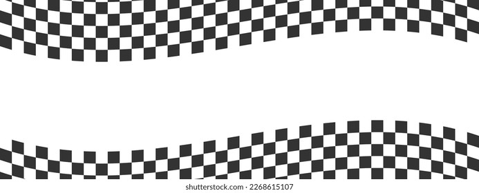 Waving race flags background. Chess game, motocross or rally sport car competition banner with space for text. Warped black and white squares pattern. Checkered winding texture. Vector illustration