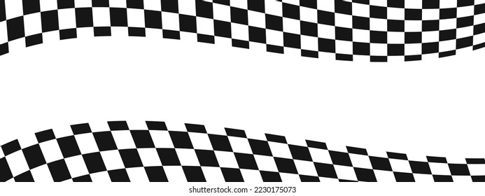 Waving race flags background with copy space. Motocross, rally, sport car competition wallpaper. Warped black and white squares pattern. Checkered winding texture. Distorted chessboard layout.