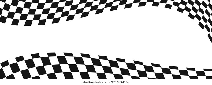 Waving race flags background with copyspace. Motocross, rally, sport car competition wallpaper. Warped black and white squares pattern. Checkered winding texture. Vector flat illustration