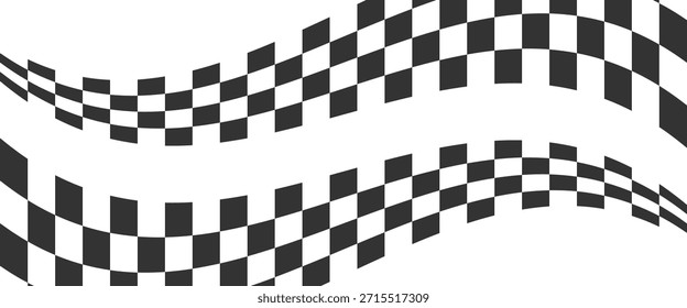 Ondeando banderas de la raza de fondo con lugar para el texto. Juego de ajedrez o motocross, Fondo de pantalla de competición de rally. Patrón de cuadrados blancos y negros deformados. Textura de bobinado a cuadros. Ilustración plana de Vector