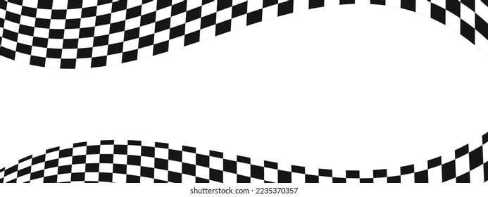 Waving race flags background. Warped black and white squares pattern with copyspace. Motocross, rally, sport car competition wallpaper. Checkered winding texture. Vector illustration