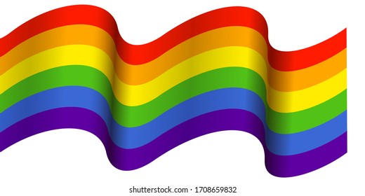 Waving Rainbow flag on white background. Rainbow LGBT flag vector poster or banner template. LGBTQ colors. Vector illustration. Wavy pattern.