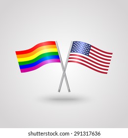 Waving rainbow flag together with American - USA flag