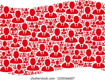Waving red flag collage. Vector manager design elements are scattered into geometric red waving flag collage. Patriotic illustration constructed of flat manager design elements.