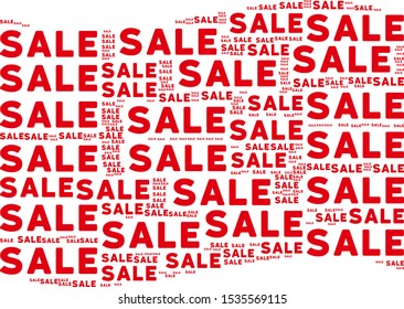 Waving red flag collage. Vector sale texts are combined into conceptual red waving flag illustration. Patriotic illustration combined of flat sale text design elements.