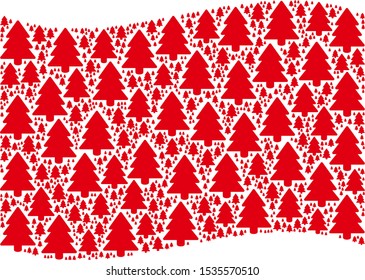 Waving red flag collage. Vector fir-tree design elements are arranged into conceptual red waving flag abstraction. Patriotic concept combined of flat fir-tree design elements.