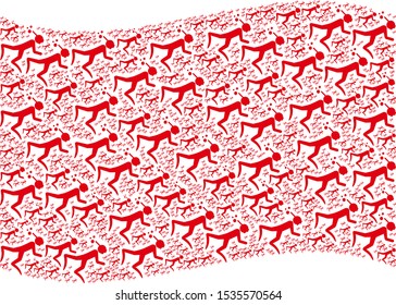 Waving red flag collage. Vector snorkeling diver design elements are combined into conceptual red waving flag illustration. Patriotic illustration composed of flat snorkeling diver design elements.