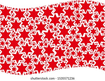 Waving red flag collage. Vector fireworks star design elements are formed into conceptual red waving flag collage. Patriotic concept done of flat fireworks star design elements.