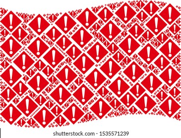 Waving red flag collage. Vector warning design elements are arranged into mosaic red waving flag composition. Patriotic collage combined of flat warning design elements.