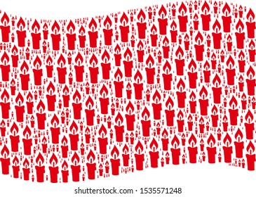 Waving red flag collage. Vector candle icons are grouped into mosaic red waving flag collage. Patriotic collage created of flat candle icons.
