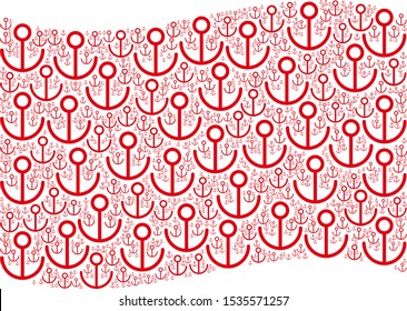 Waving red flag collage. Vector anchor items are organized into mosaic red waving flag collage. Patriotic collage constructed of flat anchor pictograms.