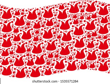 Waving red flag collage. Vector joker hat pictograms are arranged into geometric red waving flag composition. Patriotic collage combined of flat joker hat pictograms.